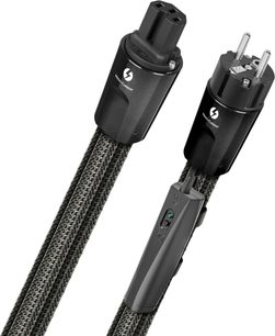 To sorte Audioquest Thunder IEC15 2m netledninger, IEC-stik og stikkontakter, grå fletning