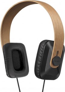 Hi-Fi слушалки Kaiku Lite от дъб с дървесно изглеждаща лента за глава и черни възглавнички, изглед отпред სამი