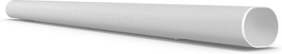 Sonos ARC Ultra lydplanke i matt hvit, perspektivvisning, sylindrisk form, perforert grill, sentrert logo, glatt overflate