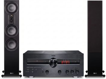 Чорна hi-fi система Magnat з підсилювачем MA 900 і двома трисмуговими підлоговими колонками