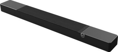 Soundbar Klipsch Flexus Core 300 nera, vista di tre quarti, con griglie grigie alle estremità e comandi sulla parte superiore