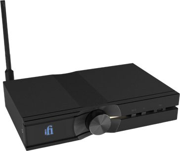 iFi Audio Neo Stream 3 svart nettverksspiller, frontvisning i vinkel, stor sentral dreieknapp og antenne bak