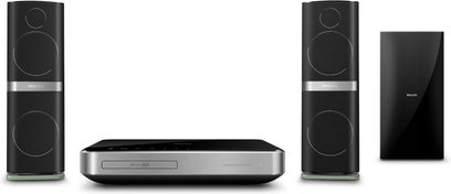 Philips HTS7202 sort hjemmebiografsystem bestående af to højttalersøjler, en subwoofer og en Blu-ray-afspiller