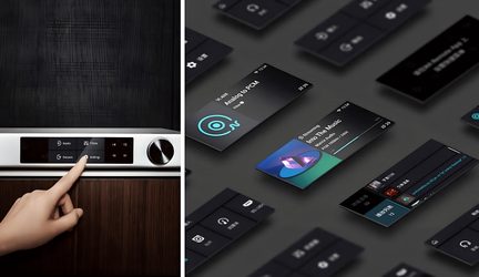 Appareil audio argenté en aluminium brossé, façade noire avec écran tactile central et large bouton rotatif chromé à droite, vue de face, doigt humain en interaction, accompagné de vignettes d’interface utilisateur sombres disposées en perspective