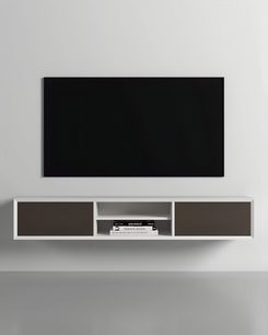 Wisząca szafka audio-wideo Clic Classic Series Model 23, biały lakierowany fornir, dwoje drzwi z brązowej tkaniny, centralna otwarta wnęka