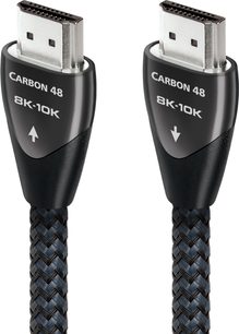 Dva HDMI kabely Audioquest Carbon 48 8K 10K, stříbrné konektory, černý opletený plášť, pohled zepředu
