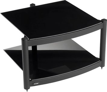 Atacama Audio Equinox 2 sort hi-fi møbel, 2 glashylder, metalramme, perspektivisk frontvisning