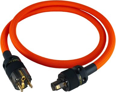 Napájecí kabel Taga Harmony GTPC-TS, oranžový textilní opletený plášť, pohled shora, zástrčka Schuko a konektor IEC s pozlacenými kontakty