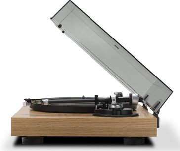Platine vinyle Roberts RT100 noire avec couvercle transparent ouvert, bras de lecture et plateau en bois clair, vue de face