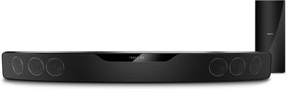 Philips HTS7111 sort soundbar, set forfra, aflang rektangulær form med afrundede hjørner og højttalergitter