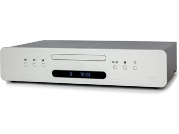 Atoll Electronique CD100 Evolution -hopeinen CD-soitin, edestä katsottuna, hopeanvärinen etupaneeli, sininen digitaalinen näyttö, pyöreät painikkeet