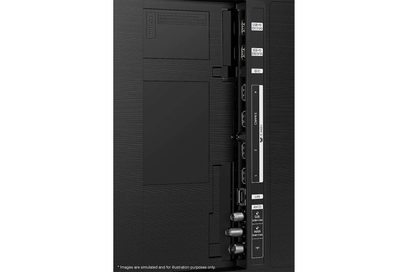 Samsung QE85QN90B 2022 TV, set forfra, skærm slukket, bagpanel med stik synligt, sort finish