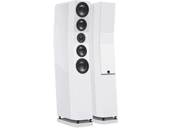 SVS Ultra Evolution Tower beyaz lake kolon hoparlör, ön görünüm, 5 hoparlör, beyaz ön panel, siyah taban