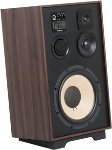 Sloupcový reproduktor Elipson Heritage XLS 15 v tmavém dřevě, pohled zepředu, s reproduktory, výškovým reproduktorem a černou mřížkou
