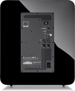 Zadní pohled na lakovaný černý subwoofer SVS PB-5000 R|Evolution s připojovacím panelem a ventilačními otvory