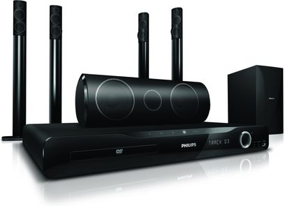 Philips HTS5550 hjemmebiograf med DVD-afspiller, 4 sorte gulvhøjttalere, 1 centerhøjttaler og 1 subwoofer
