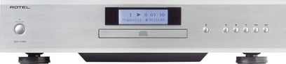 Rotel CD11 MKII højttro CD-afspiller, set forfra, sølvfinish, centralt display, 6 knapper til højre, tænd/sluk-knap til venstre