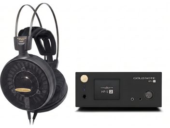 Åben Audio-Technica ATH-ADX5000-hovedtelefon i sort med Gold Note HP-5-hovedtelefonforstærker i sort, set forfra