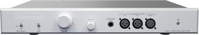High-fidelity headphone preamp BHA-1, front view, silver rectangular casing, 2 circular knobs, 4 audio connectors