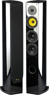 Sloupcový reproduktor Davis Acoustics Matisse ořech, pohled zepředu, černý lesklý, 3 reproduktory, žlutý výškový reproduktor