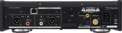 TEAC NT-505 sort netværksaudioafspiller, set forfra, bagpanel med XLR-, RCA-, Ethernet-, USB-, koaksial- og optiske porte