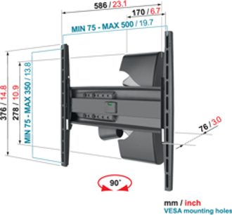 Techninė schema su Vogel's EFW 8225 pasukamo sieninio TV laikiklio, skirto 32-55 colių ekranams iki 30 kg, matmenimis