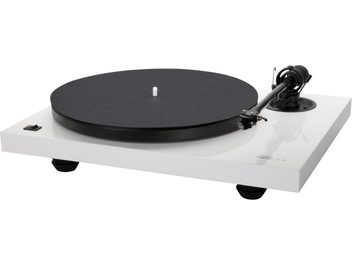 Gramofon Music Hall MMF 2.3 WH w kolorze białym, widok z góry, matowa czarna tarcza, ramię z wkładką, na białej podstawie