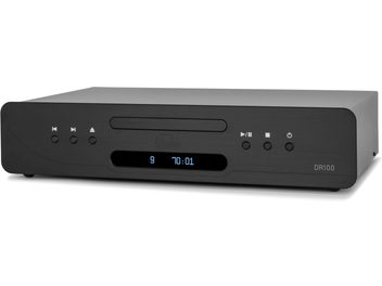 Lettore CD Atoll Electronique DR100 Evolution, vista frontale, chassis rettangolare nero, schermo digitale blu, pulsanti rotondi