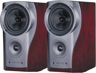 To Mission 790SE bogreolhøjttalere i rosewood, set forfra, i mørkt træ og gråmetallic, med synlige højttalerenheder