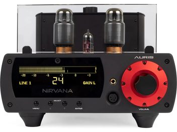 Auris Audio Nirvana VI siyah kulaklık preamfisi, ekranlı ön panel, görünür tüpler ve büyük kırmızı ses seviyesi düğmesi