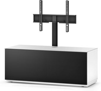 Sonorous Studio STA111F-WHT-BLK TV-møbel i hvid og sort, set forfra, med vægbeslag og lukket opbevaringsrum