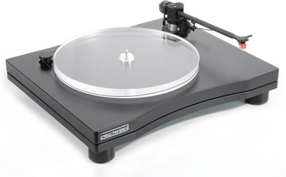 New Horizon 202 pladespiller i sort, sølvfarvet cirkulær pladetallerken, sort tonearm, rektangulær sort blank base