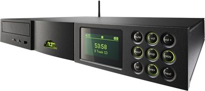 Systém Naim Audio UNITILITE v černé barvě s vysokou věrností, zeleným LCD displejem, tlačítky a ovládacím kolečkem na předním panelu