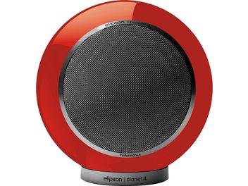 Elipson Planet L Performance Lautsprecher in hochglänzendem Rot mit runder Metallabdeckung und silbernem zylindrischem Sockel