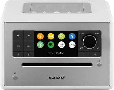 Sonoro Elite bordradio i blank højglans og sølv, front med farveskærm, knapper, højttaler på toppen