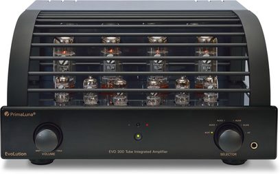 Amplificatore hi-fi a valvole PrimaLuna Evo 300 integrato nero, vista frontale, 14 valvole sulla parte superiore, pannello frontale nero con manopole e prese