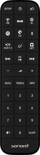 Černé dálkové ovládání Sonoro Prestige pro all‑in‑one systém, tlačítka rádia, CD, Bluetooth, Spotify a číselná klávesnice