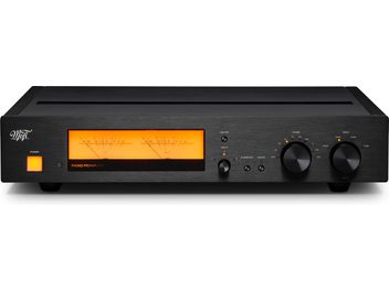 Przedwzmacniacz gramofonowy Mofi Electronics MasterPhono czarny, widok z przodu, szczotkowany czarny panel przedni i pomarańczowe wskaźniki VU