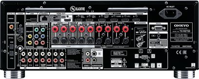 Onkyo TX-RZ720 sort home cinema-forstærker, bagside, nærbillede, mange audio-/videotilslutninger, knapper og indstillinger