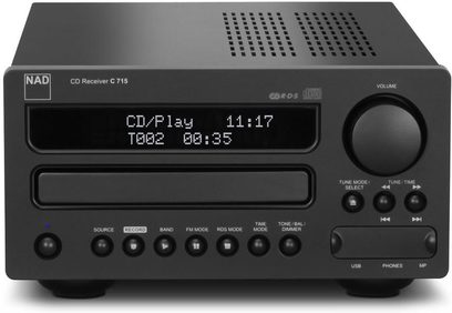 NAD C715 CD-modtager, frontvisning, LCD-display, kontrolknapper, hovedtelefon- og mikrofonindgange, USB- og MP3-porte