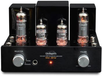 Line Magnetic LM-MINI-84IA fekete fejhallgató előerősítő 4 vákuumcsővel, választókapcsolóval, hangerőszabályzóval, elölnézetből