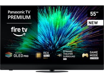 Panasonic TV-55Z90B svart högupplöst TV med tunn ram i metall och plast, 55-tums platt OLED-skärm sedd framifrån på ett centralt runt stativ