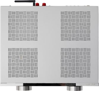 Integrierter Stereo-Hi-Fi-Verstärker Onkyo Y-40 silber, Ansicht von oben, silbernes Gehäuse mit vier Lüftungsgittern und rückseitiger Antenne