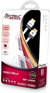 Cavo HDMI Real Cable HDMI-1 da 3 m nella sua confezione di plastica trasparente, visto frontalmente
