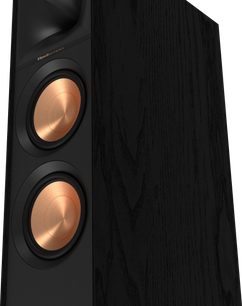 Enceinte colonne Klipsch R-605FA noire avec deux haut-parleurs cuivre, vue de face rapprochée sur fond noir