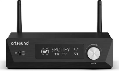 Hi-fi stereo forstærker ArtSound Smart Evo, set forfra, 2 lodrette antenner, tænd/sluk-knap, skærm der viser "SPOTIFY", sølvfarvet volumeknap