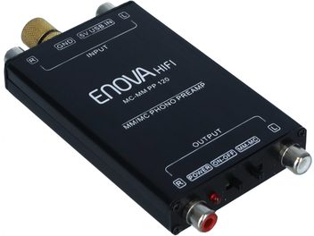 Phono-forforstærker Enova HIFI MC-MM PP 120, sort rektangulært kabinet, RCA-stik, kontakter, USB-indgang, perspektivvisning