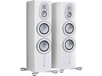 Two Monitor Audio Platinum 300 3G satin white floorstanding speakers, side by side, front view, on a white background