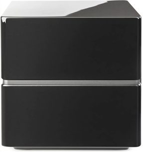 Dynamo 10 subwoofer i sort højglans, frontvisning, kubisk form, glat overflade, vandret central opdeling, afrundede hjørner