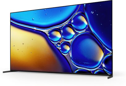 Телевизор с висока разделителна способност Sony BRAVIA 8 II K55XR8 в черен цвят с ултратънка метална рамка и екран без рамка, изглед от три четвърти отпред вляво, поставен на две тъмни метални крака